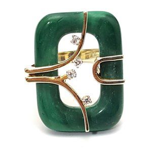 Beautiful 14K Karat Solid Yellow Gold Designer Large Malachite & Diamond Ring